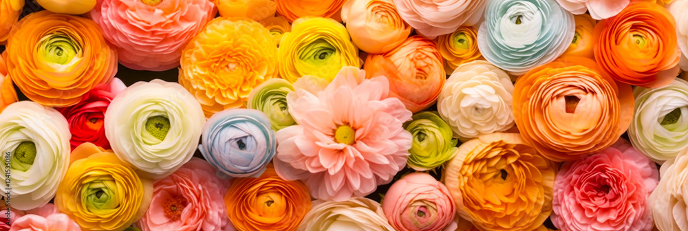 Poster colorful arrangement of ranunculus flowers displayed in a vibrant and inviting manner for a spring c