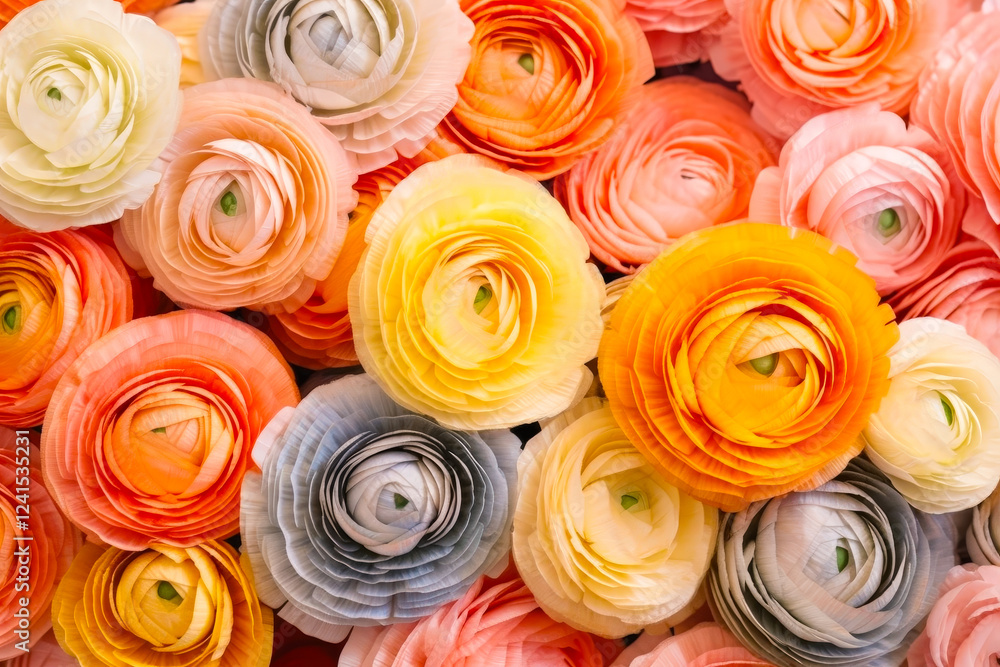 Poster beautiful multicolored ranunculus flowers arranged in a decorative pattern at a craft fair in spring