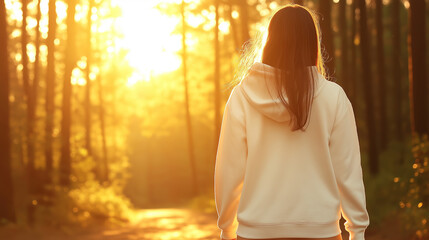 Back view of a young woman wearing a hoodie, enjoying a peaceful walk in a forest at sunset, embracing the tranquility of nature as the golden light filters through the trees