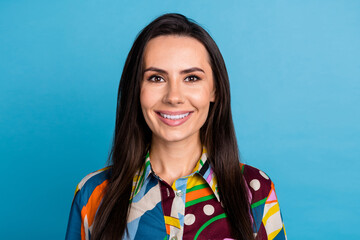 Fototapeta premium Photo portrait of attractive young woman look camera smile dressed stylish colorful print clothes isolated on blue color background