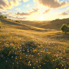 Fototapeta premium A golden meadow with wildflowers blooming in vibrant colors, gentle rolling hills, a soft summer breeze, sunlight creating a warm glow