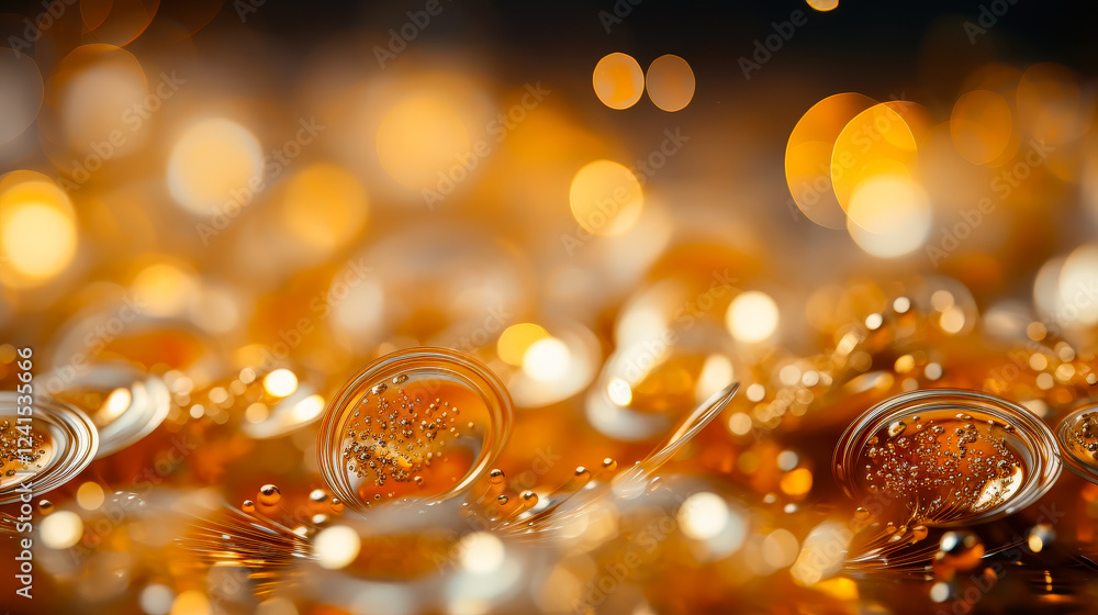 Aufkleber close-up of golden bubbles reflecting light in a vibrant liquid surface during a festive event at ni