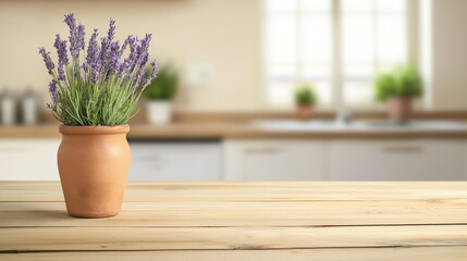 Fototapeta premium Lavender flowers blooming in a rustic terracotta vase rest on a wooden table within a cozy farmhouse kitchen, featuring soft pastel colors and a beautifully blurred background