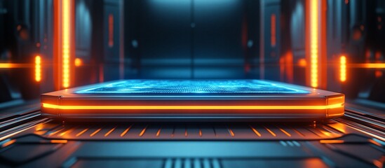 Obraz premium Futuristic digital platform illuminated by orange lights in a high-tech sci-fi environment