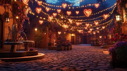Obraz premium A charming village square decorated for Valentinea??s evening