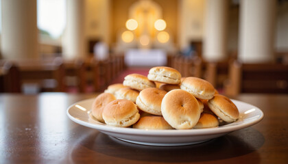 Plate of wafers on church altar, symbolizing Communion service