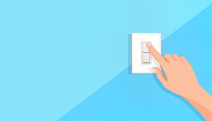 Hand pressing light switch on blue wall, representing actions and control, copy space