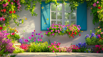 Vibrant flower garden brightening a sunlit corner with colorful blossoms and lush greenery