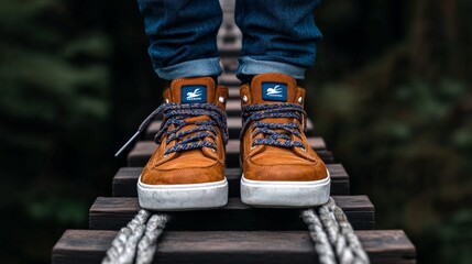 Walking on the Edge: The adventure starts from the ground, the photo of a person wearing brown boots on wooden bridge.