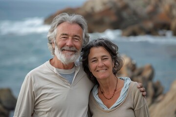 Portrait of a happy couple in their 60s sporting a long-sleeved thermal undershirt in rocky shoreline background