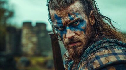 portrait of an ancient Scottish warrior with painted face