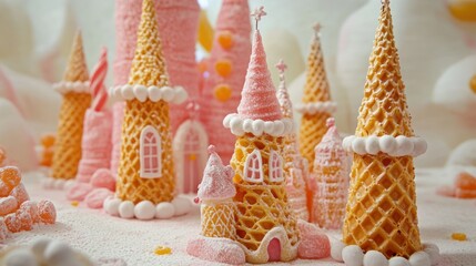 Naklejka premium Whimsical Waffle Cone Castle: A sugary confectionery dreamscape
