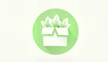 Eco-friendly packaging box with green leaves inside on light green background