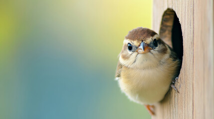 Small bird peeking out of birdhouse hole in soft morning light with plain gray-blue background, creating a peaceful and charming wildlife scene