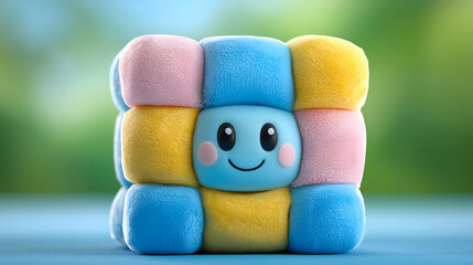 Happy marshmallow cube toy on blue surface, green background; kids' room decor