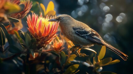close up Cape Sugarbird on Protea