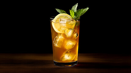 Fototapeta premium Lemon iced tea with a sprig of mint and a lemon slice, served cold in a tall glass.
