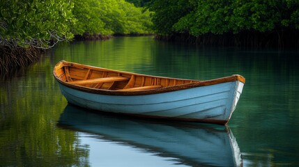 Obraz premium Serene Reflections - A Tranquil Wooden Boat Floating in Calm Waters Surrounded by Nature's Beauty