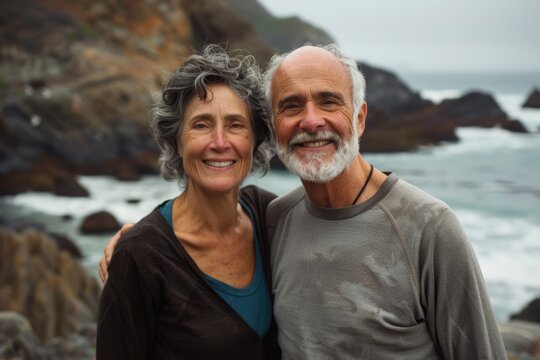 Portrait of a happy couple in their 60s sporting a long-sleeved thermal undershirt over rocky shoreline background