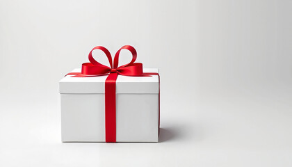 Fototapeta premium White gift box with red ribbon on clean white background