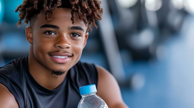 Young African American male athlete with curly hair smiling while holding water bottle in gym setting, wearing black tank top. Wellness and fitness lifestyle concept.