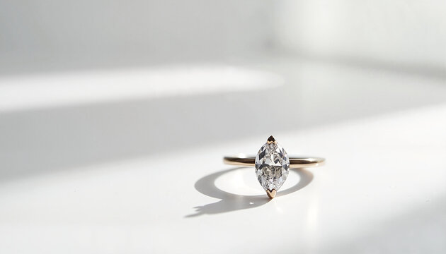 Marquise-cut diamond ring on white surface in natural light