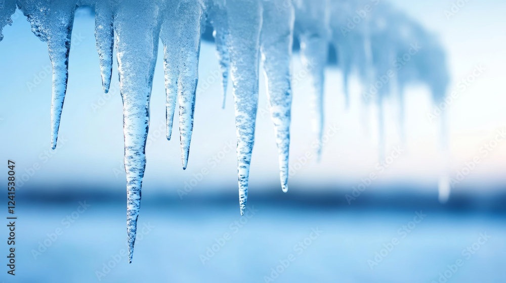 Sticker sharp icicles hanging from a frozen waterfall create a stunning display against a softly blurred bac