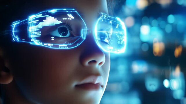School girl studies using advanced technology, holographic screen glows, school adopts futuristic tools, studies transform with advanced technology, interactive visuals enhance understanding.