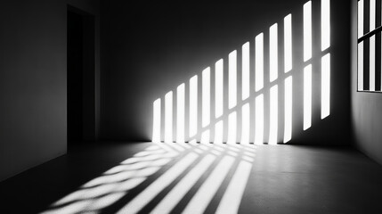 Strong contrasts of sunlight casting shadows through barred prison window on a cold floor, minimal details, black and white photography depicting the concept of imprisonment, despair and hope