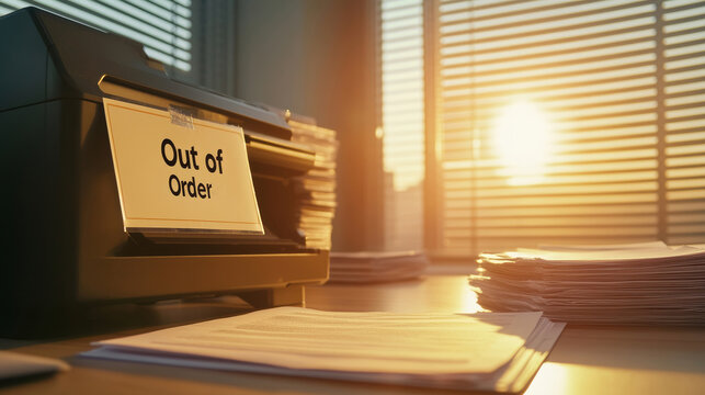 Dusty broken printer with an out of order sign attached showing inability to print documents and stacks of paper sheets waiting to be printed in a brightly lit office at sunset