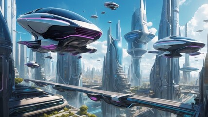 A futuristic city with flying cars