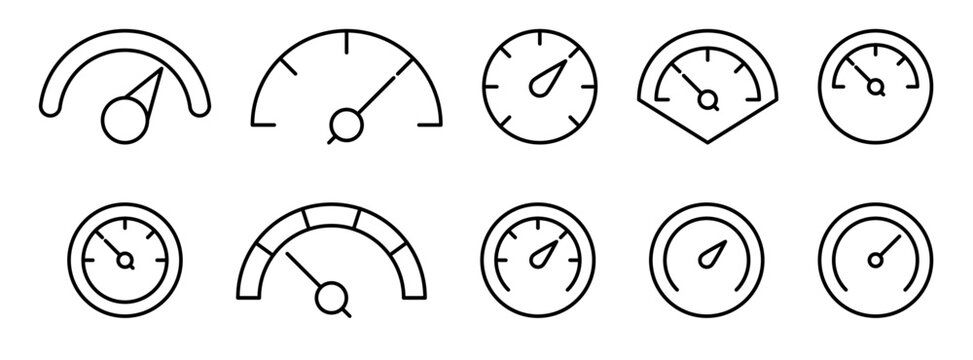 Set of Speedometer Icons, Speed Indicator, Tachometer Sign Guage Symbol with Editable Strokes Vector Illustration