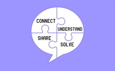 Connect , share , understand , solve text messages on four piece white puzzle. Integrity, and harmony concept.