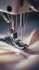 Close-Up of Sewing Machine Needle Piercing Fabric, stitching sewn, Highlighting Precision and Craftsmanship.
