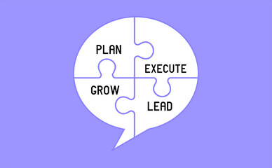 Plan , execute , grow , lead text messages on four piece white puzzle. Integrity, and harmony concept.