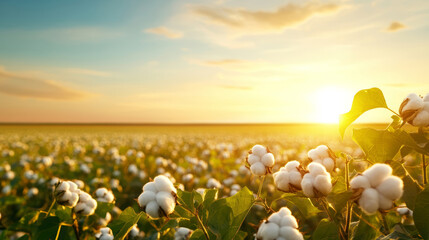 Glowing white cotton bolls fill a cotton field at sunset, creating a stunning and tranquil agricultural landscape in Africa, showcasing the beauty of rural farming and nature