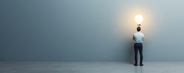 Obraz premium Businessman standing in spacious warehouse, contemplating glowing light bulb overhead, representing entrepreneurial innovation and creative problem-solving concepts