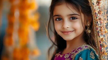 Fototapeta premium Young girl with dark hair and bright smile wearing traditional embroidered dress in teal color, autumn orange bokeh background creates warm atmosphere.