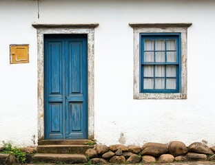 Blue door, whitewashed wall, village, stone steps, overcast