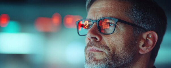 Close-up of a cybersecurity expert wearing futuristic glasses, analyzing data in a high-tech environment with holographic icons reflecting in the lenses
