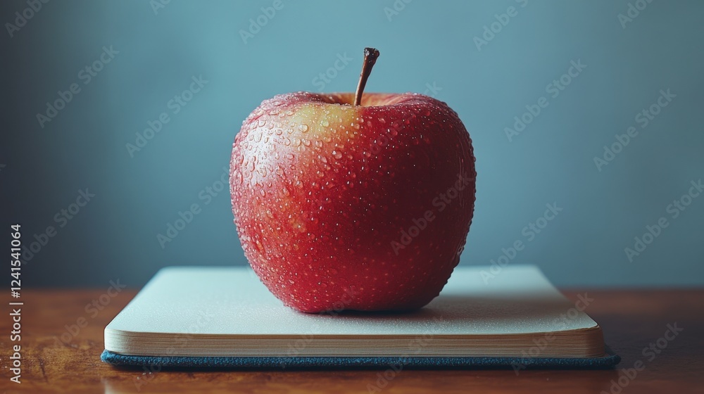 Poster fresh red apple resting on a closed notebook with a smooth wooden table and soft background