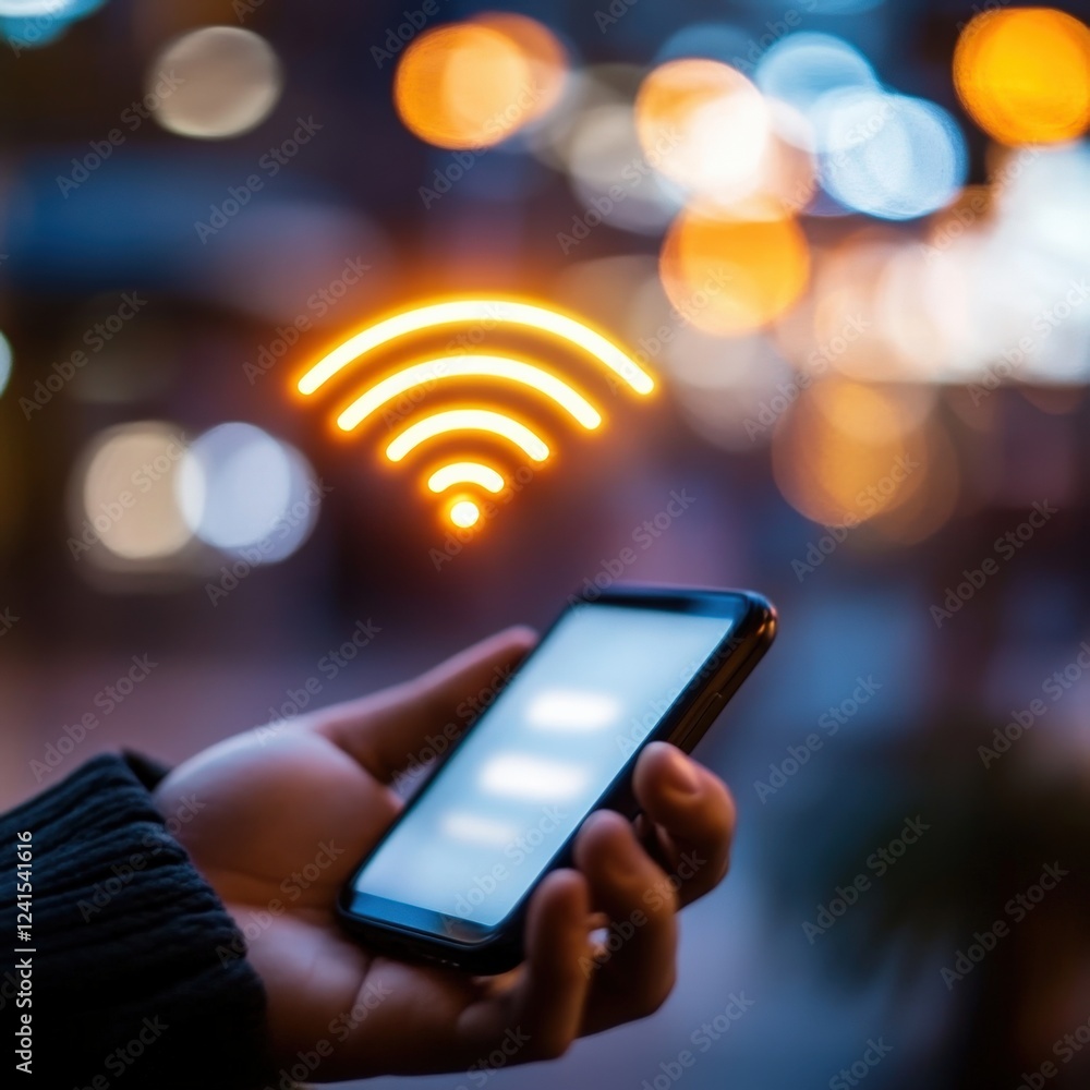 Poster connecting to wireless networks mobile device use urban setting technology close-up modern connectiv
