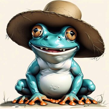 recommend clip art: Cute cartoon frog wearing straw hat, simple drawing, illustration on white background