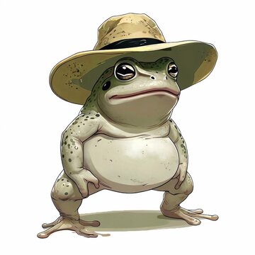 recommend clip art: Cute cartoon frog wearing straw hat, simple drawing, illustration on white background