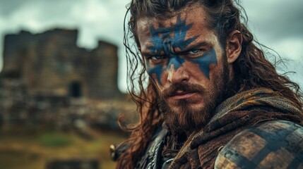 portrait of an ancient Scottish warrior with painted face
