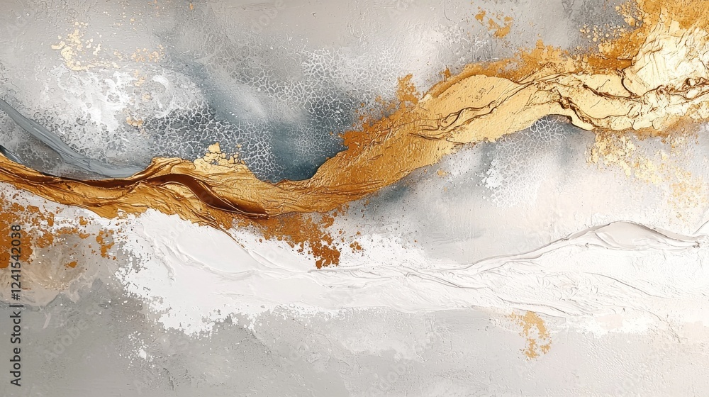 Poster vibrant relief artwork bursts with an array of metallic gold and silver tones, layered over a soft w
