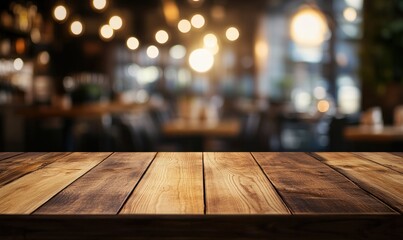 Wooden Tabletop in a Blurred Restaurant Setting: Rustic Charm and Ambiance