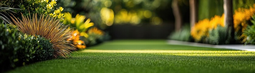 Naklejka premium Lush garden and oak grove a tranquil nature photography journey