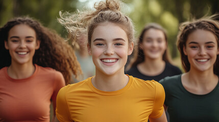 Obraz premium Group of young women running together in a park, enjoying exercise and friendship on a sunny day