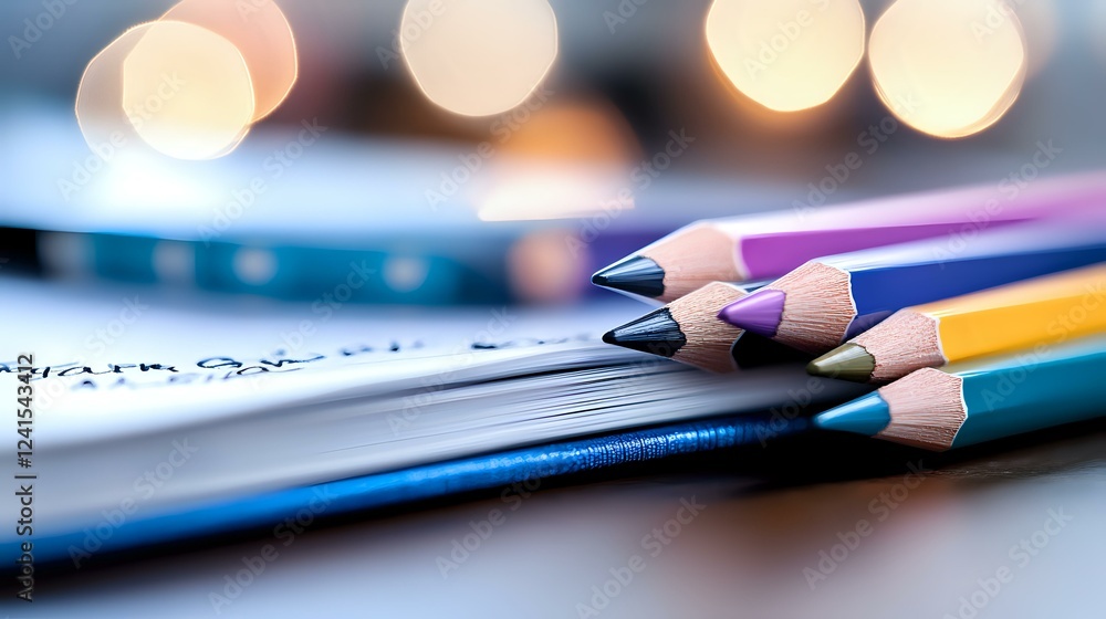 Poster colorful wooden pencils on notebook with blurred bokeh lights in background, macro shot with shallow